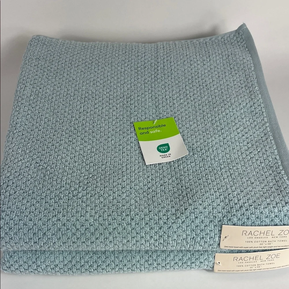 2 Pc Rachel Zoe Bath Towels Oversized Light Blue Ribbed Soft 100% Cotton NEW